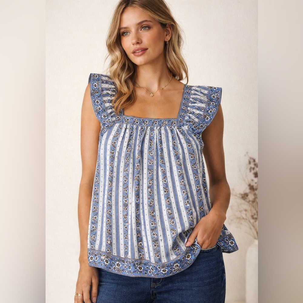 Max Studio Blue Babydoll Top Small Ruffles Floral Boho Cottagecore Prairie $128